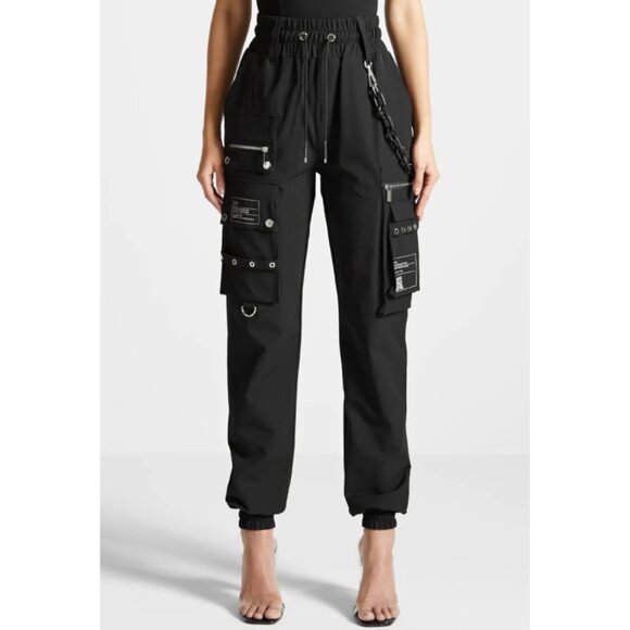 Maniere De Voir Cargo Pants Marble Matte Chain Black High-Rise Waist Edgy Gothic - Picture 4 of 10